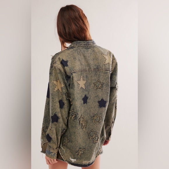 NWT Free People One Teaspoon Everyday Denim Classic Star Shirt S Petrol Green - Picture 2 of 11